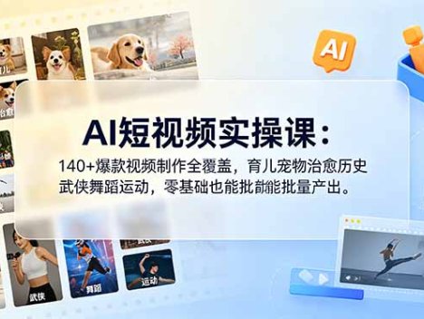 AI短视频实操课：140+爆款视频制作全覆盖，育儿宠物治愈历史武侠舞蹈运动，零基础也能批量产出