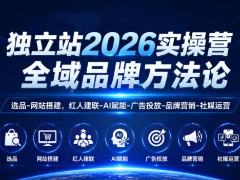 独立站2026实操营，全域品牌方法论，选品-网站搭建，红人建联-AI赋能-广告投放-品牌营销-社煤运营