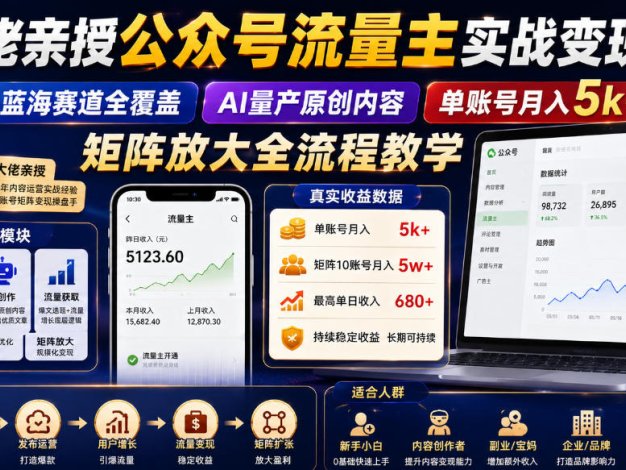 大佬亲授公众号流量主实战变现课,蓝海赛道全覆盖,AI量产原创内容,单账号月入5k+矩阵放大全流程教学