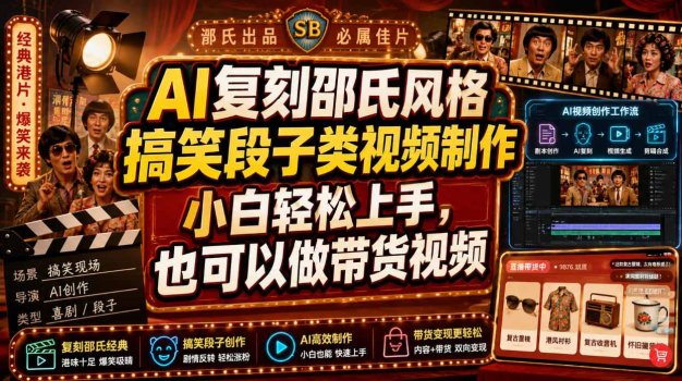 AI复刻邵氏风格搞笑段子类视频制作,小白轻松上手,也可以做带货视频