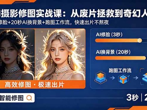 AI摄影修图实战课：从废片拯救 到 奇幻人像，3秒AI修脸+20秒AI换背景+跑图工作流，快速出片不熬夜