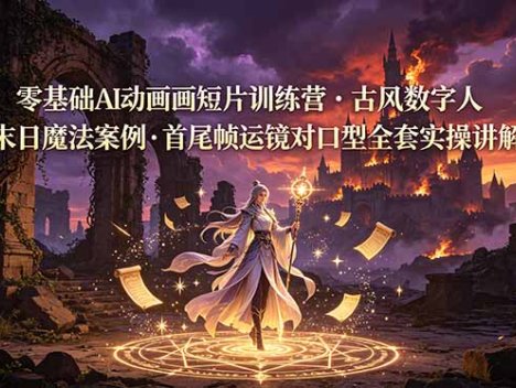 零基础AI动画短片训练营，古风数字人末日魔法案例，首尾帧运镜对口型全套实操讲解