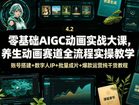 零基础AIGC动画实战大课，养生动画赛道全流程实操教学，账号搭建+数字人IP+批量成片+爆款运营纯干货教程