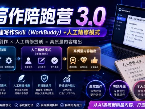 AI写作陪跑营3.0，Ai智能体创建写作skill(workbuddy)+人工手写模式(手搓模式)，去除AI痕迹(头条号、公众号、百家号)