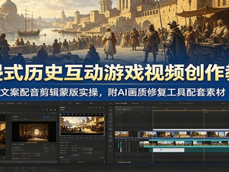 沉浸式历史互动游戏视频创作教学：文案配音剪辑蒙版实操，附AI画质修复工具配套素材