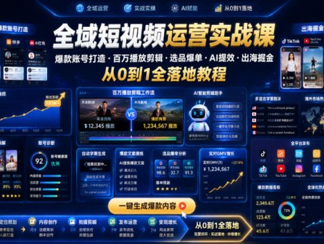 全域短视频运营实战课，爆款账号打造・百万播放剪辑・选品爆单・AI提效・出海掘金，从0到1全落地教程