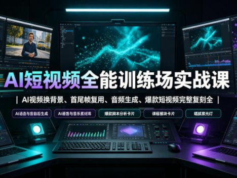 AI短视频全能训练场实战课｜AI视频换背景、首尾帧复用、音频生成、爆款短视频完整复刻全套实操教学