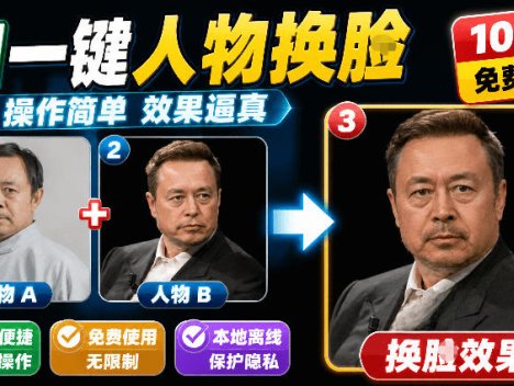 纯离线本地运行！AI一键人物lian部替换软件，支持图片换lian，效果逼真，最便捷换lian工具FaceSwap