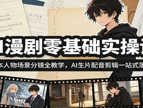 AI漫剧零基础实操课：剧本人物场景分镜全教学，AI生片配音剪辑一站式落地
