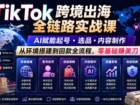 TikTok跨境出海全链路实战课，AI赋能起号・选品・内容制作，从环境搭建到回款全流程，零基础賺美刀