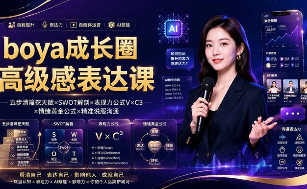 boya成长圈｜内心成长高级表达AI自媒体三合一，消解内耗挖掘天赋，镜头沟通AI指令短视频全流程教学
