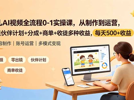育儿AI视频全流程0-1实操课，从制作到运营，覆盖伙伴计划+分成+商单+收徒多种收益，每天500+收益