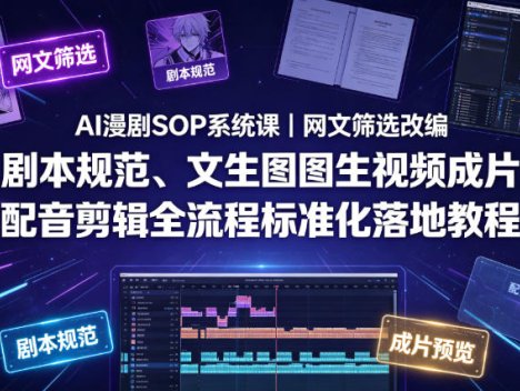 AI漫剧SOP系统课｜网文筛选改编、剧本规范、文生图图生视频成片、配音剪辑全流程标准化落地教程