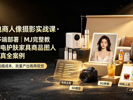 AI电商人像摄影实战课·SD多端部署｜MJ完整教学｜家电护肤家具商品图人像写真全案例
