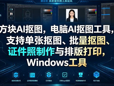 方块AI抠图，电脑AI抠图工具，支持单张抠图、批量抠图、证件照制作与排版打印，Windows工具