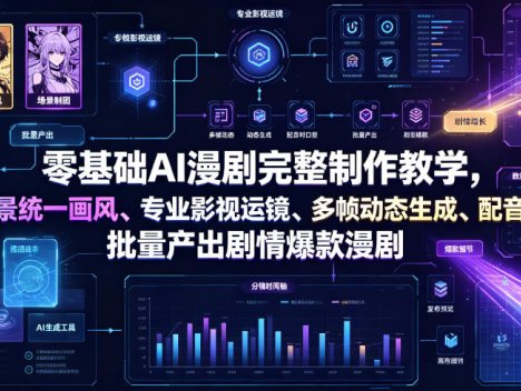 零基础AI漫剧完整制作教学，人物场景统一画风、专业影视运镜、多帧动态生成、配音对口型，批量产出剧情爆款漫剧