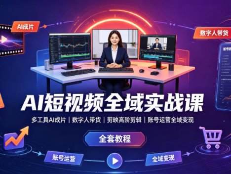 AI短视频全域实战课｜多工具AI成片、数字人带货、剪映高阶剪辑、账号运营全域变现全套教程