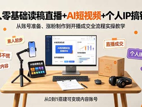 素人零基础读稿直播+AI短视频+个人IP搞钱课，从账号准备、涨粉制作到开播成交全流程实操教学