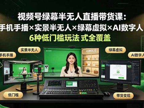 视频号绿幕半无人直播带货课：手机手播×实景半无人×绿幕虚拟×AI数字人，6种低门槛玩法全覆盖