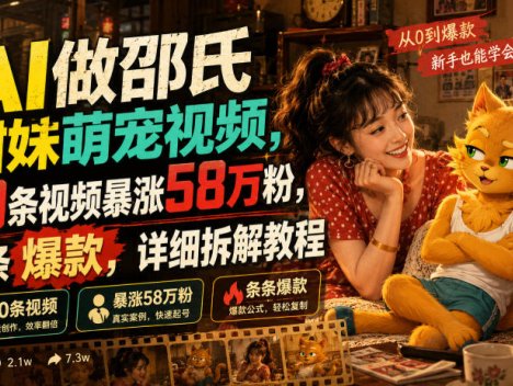 AI做邵氏甜妹萌宠视频，30条视频暴涨58万粉，条条爆款，详细拆解教程
