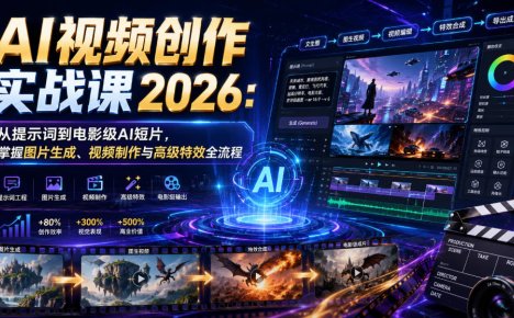 AI视频创作实战课2026:从提示词到电影级AI短片,掌握图片生成、视频制作与高级特效全流程