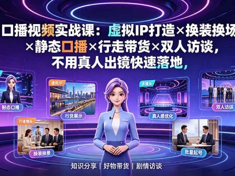 AI口播视频实战课：虚拟IP打造×换装换场景×静态口播×行走带货×双人访谈，不用真人出镜快速落地