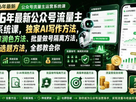 2026年最新公众号流量主运营系统课，独家AI写作方法，0-AI率润色方法、批量做号隔离方法、高爆率选题方法，全都教会你