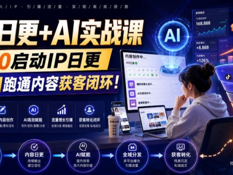 IP日更+AI实战课，从0启动IP日更，IP置顶视频制作+100条选题库搭建+10条日更规划，用AI跑通内容获客闭环!