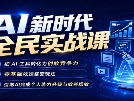 AI新时代全民实战课，把 AI 工具转化为创收竞争力，零基础吃透整套玩法，借助AI完成个人能力升级与收益增收。
