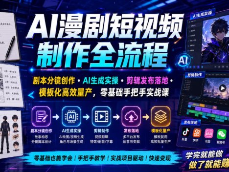 AI漫剧短视频制作全流程｜剧本分镜创作・AI生成实操・剪辑发布落地・模板化高效量产，零基础手把手实战课
