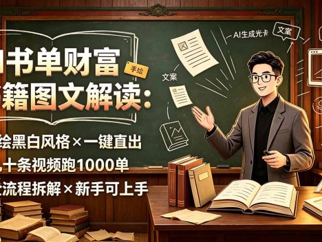 AI书单财富书籍图文解读：手绘黑白风格×一键直出×几十条视频跑1000单×全流程拆解×新手可上手