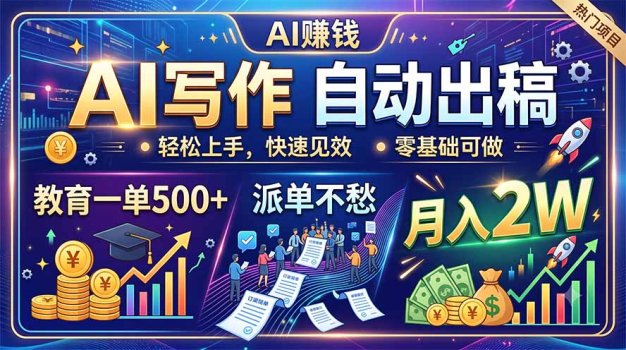 AI写作自动出稿,教育一单500+,派单不愁,月入2W