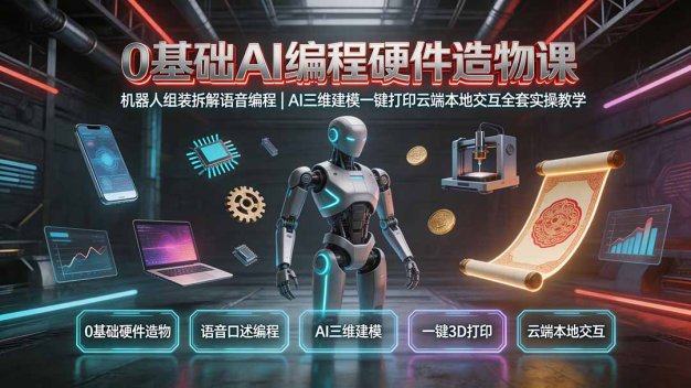 0基础AI编程硬件造物课|机器人组装拆解语音编程,AI三维建模一键打印云端本地交互全套实操教学