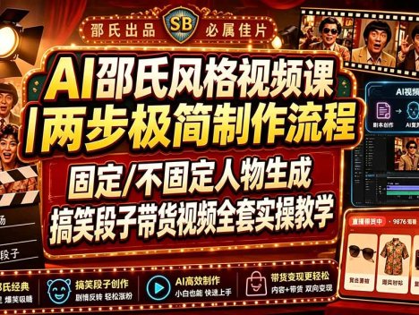 AI邵氏风格视频课｜两步极简制作流程，固定/不固定人物生成，搞笑段子带货视频全套实操教学