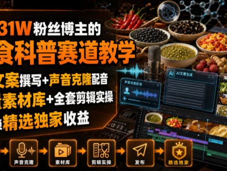 抖音31W粉丝博主的美食科普赛道教学，AI文案撰写+声音克隆配音+剪辑实操，解锁精选独家收益