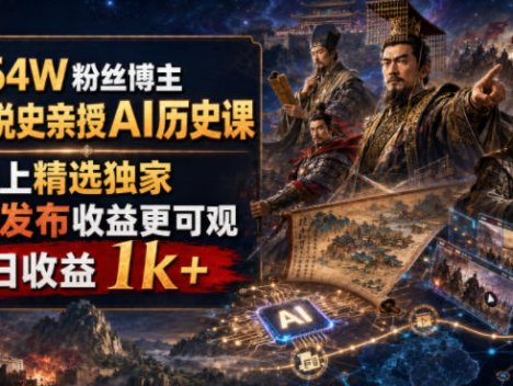 抖音64W粉丝博主大驴说史亲授AI历史课，可以上精选独家，全网发布收益更可观，单日收益1k+