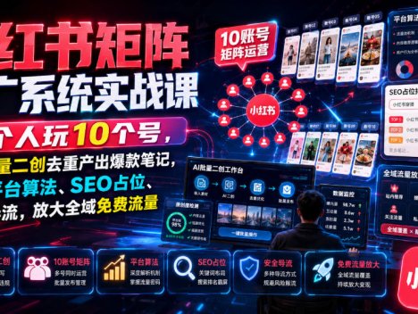 小红书矩阵推广系统实战课｜1个人玩10个号，AI批量二创去重产出爆款笔记，吃透平台算法、SEO占位、安全导流，放大全域免费流量