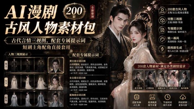 AI漫剧古风人物素材包+提示词｜200 套古代言情三视图，配套专属提示词短剧主角配角直接套用