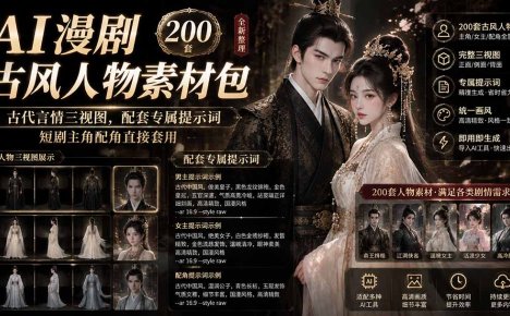 AI漫剧古风人物素材包+提示词|200 套古代言情三视图,配套专属提示词短剧主角配角直接套用
