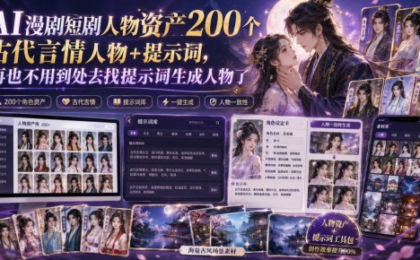 AI漫剧短剧人物资产200个古代言情人物+提示词,再也不用到处去找提示词生成人物了