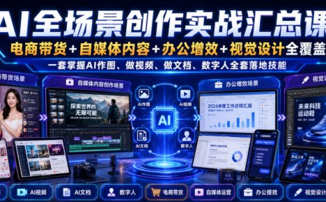AI全场景创作实战汇总课|电商带货+自媒体内容+办公增效+视觉设计全覆盖,一套掌握AI作图、做视频、做文档、数字人全套落地技能