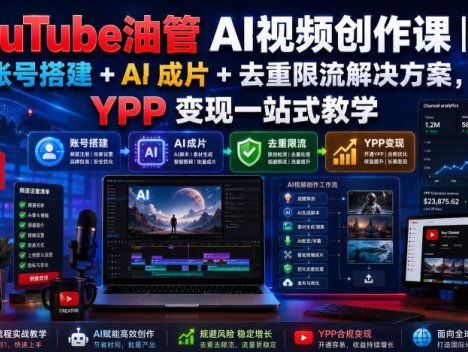 YouTube油管AI视频创作课｜账号搭建+AI成片+去重限流解决方案，YPP变现一站式教学