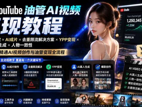 YouTube油管AI视频变现教程：账号搭建×AI成片×去重限流解决方案×YPP变现×AI真人生成×人物一致性