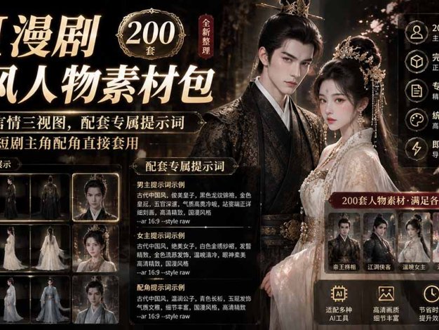 AI漫剧古风人物素材包+提示词｜200 套古代言情三视图，配套专属提示词短剧主角配角直接套用