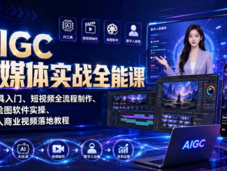 AIGC新媒体实战全能课｜AI工具入门、短视频全流程制作、主流绘图软件实操、数字人商业视频落地教程