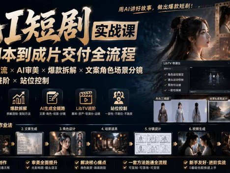 AI短剧实战课：高效工作流×AI审美×爆款拆解×文案角色场景分镜×LibTV进阶×站位控制×从脚本到成片交付全流程