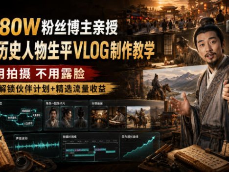 抖音80W粉丝博主的AI历史人物生平VLOG教学，不用拍摄不用露脸，AI帮你搞定，轻松解锁伙伴计划+精选收益