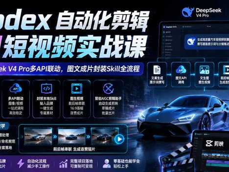 Codex自动化剪辑AI短视频实战课｜DeepSeek V4 Pro多API联动，图文成片封装Skill全流程