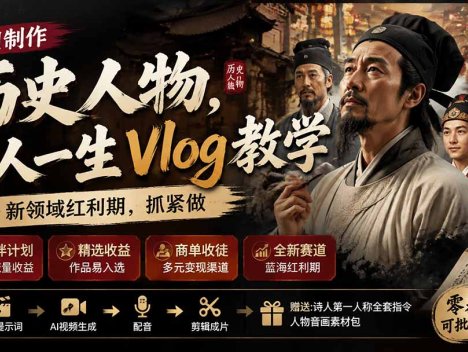 历史人物，诗人一生Vlog教学， AI制作丨伙伴计划丨精选收益丨商单收徒 ，新领域红利期，抓紧做