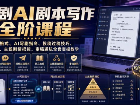 短剧AI剧本写作全阶课程｜标准剧本格式、AI写剧指令、投稿过稿技巧、网文改编、主线剧情把控、审稿避坑全套实操教学